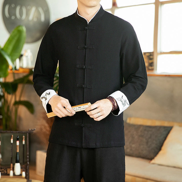 Koszula męska z długim rękawem z bawełny Buddha Stones Tang Suit z żabą i guzikami Crane - Czarny - US/UK/AU46， EU56 (5XL) - image 16