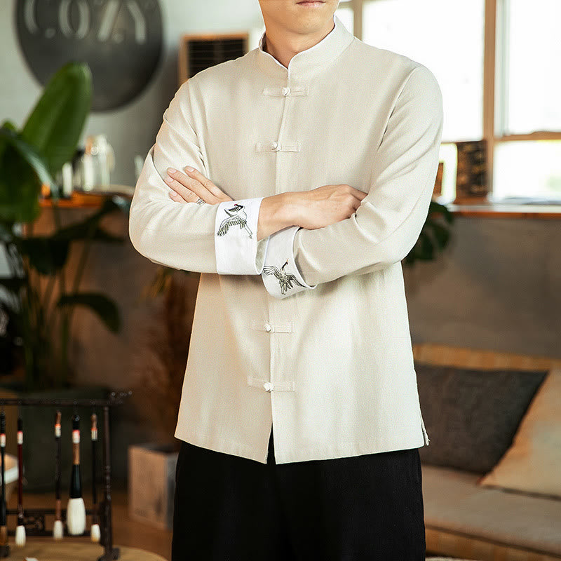 Koszula męska z długim rękawem z bawełny Buddha Stones Tang Suit z żabą i guzikami Crane - Beżowy - US/UK/AU46， EU56 (5XL) - image 8