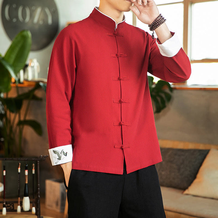 Koszula męska z długim rękawem z bawełny Buddha Stones Tang Suit z żabą i guzikami Crane - Czerwony - US/UK/AU46， EU56 (5XL) - image 0