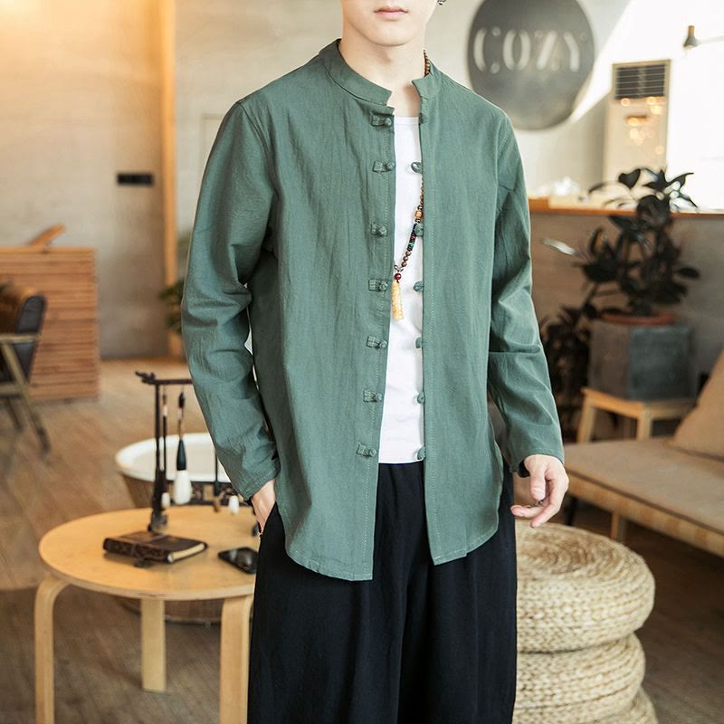Koszula męska z długim rękawem i stójką w stylu casual z Buddha Stones, guzikami żabki i lnianym garniturem - DarkSeaGreen - US/UK/AU46， EU56 (5XL) - image 16