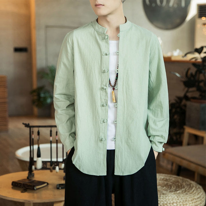 Koszula męska z długim rękawem i stójką w stylu casual z Buddha Stones, guzikami żabki i lnianym garniturem - MintCream - US/UK/AU46， EU56 (5XL) - image 12