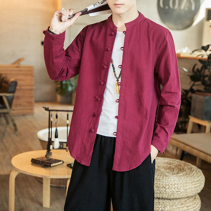 Koszula męska z długim rękawem i stójką w stylu casual z Buddha Stones, guzikami żabki i lnianym garniturem - Karmazynowy - US/UK/AU46， EU56 (5XL) - image 15