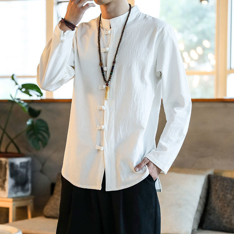 Koszula męska z długim rękawem i stójką w stylu casual z Buddha Stones, guzikami żabki i lnianym garniturem - Biały - US/UK/AU46， EU56 (5XL) - image 0
