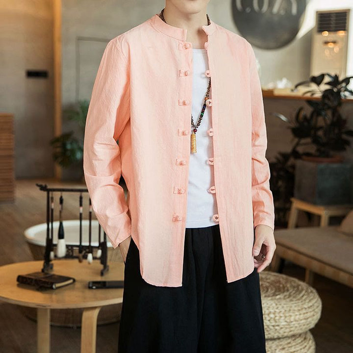 Koszula męska z długim rękawem i stójką w stylu casual z Buddha Stones, guzikami żabki i lnianym garniturem - Jasnoróżowy - US/UK/AU46， EU56 (5XL) - image 13