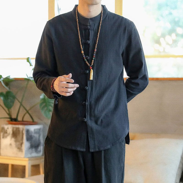 Koszula męska z długim rękawem i stójką w stylu casual z Buddha Stones, guzikami żabki i lnianym garniturem - Czarny - US/UK/AU46， EU56 (5XL) - image 6