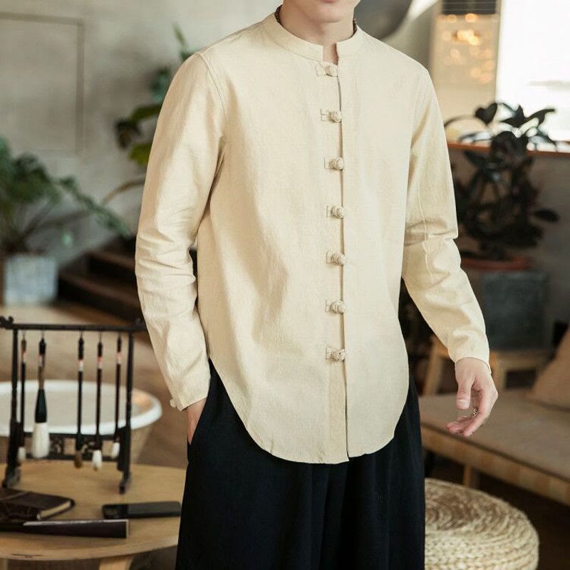 Koszula męska z długim rękawem i stójką w stylu casual z Buddha Stones, guzikami żabki i lnianym garniturem - Beżowy - US/UK/AU46， EU56 (5XL) - image 11