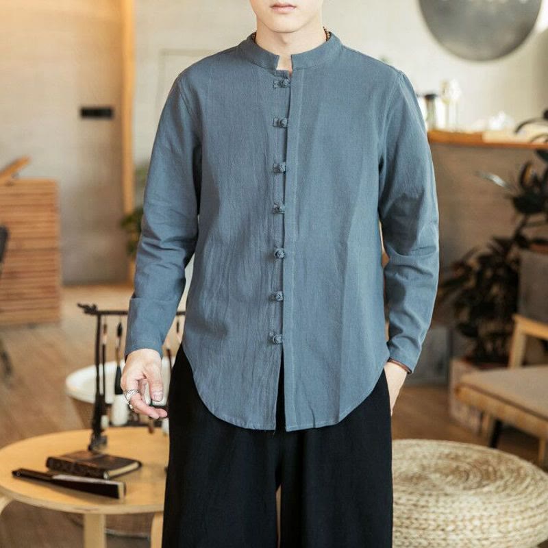 Koszula męska z długim rękawem i stójką w stylu casual z Buddha Stones, guzikami żabki i lnianym garniturem - DimGray - US/UK/AU46， EU56 (5XL) - image 10