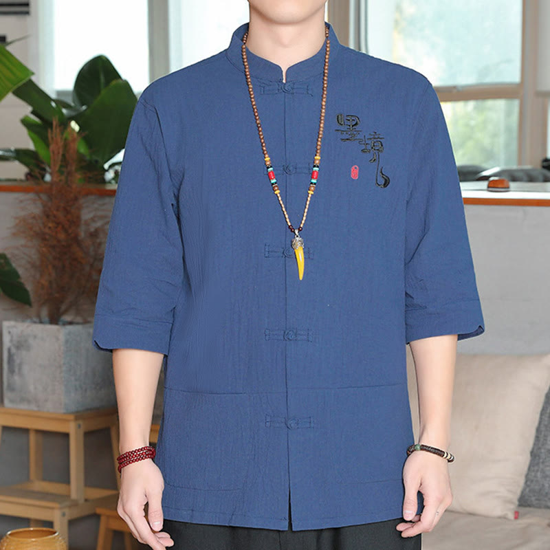Kamienie Buddha Stones -Guzik Chiński Tang Suit Trzy Czwarte Rękawy Bawełna Lniana Męska Koszula - Stalowoniebieski - US/UK/AU46， EU56 (5XL) - image 22