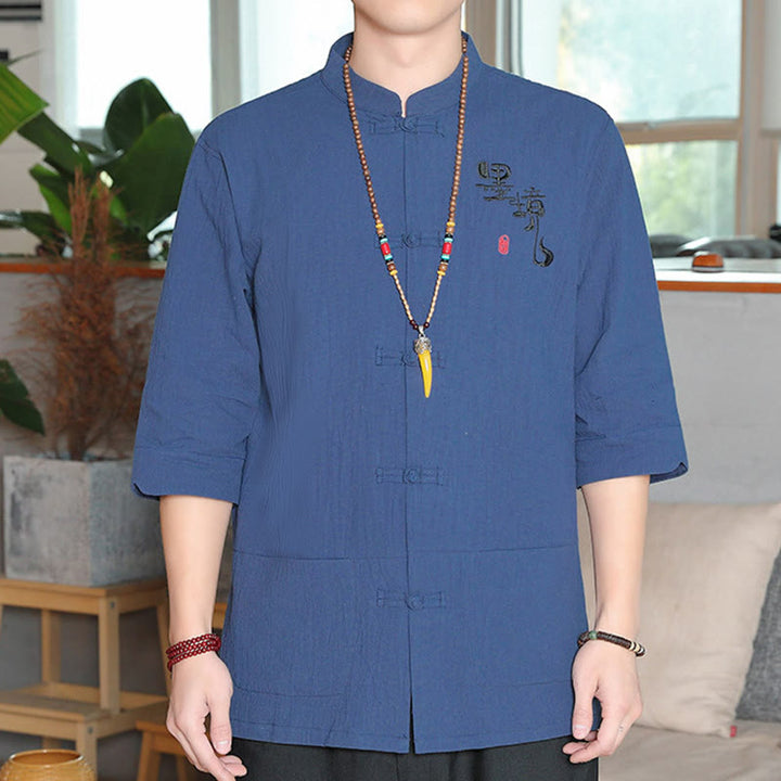 Kamienie Buddha Stones -Guzik Chiński Tang Suit Trzy Czwarte Rękawy Bawełna Lniana Męska Koszula - Stalowoniebieski - US/UK/AU46， EU56 (5XL) - image 22