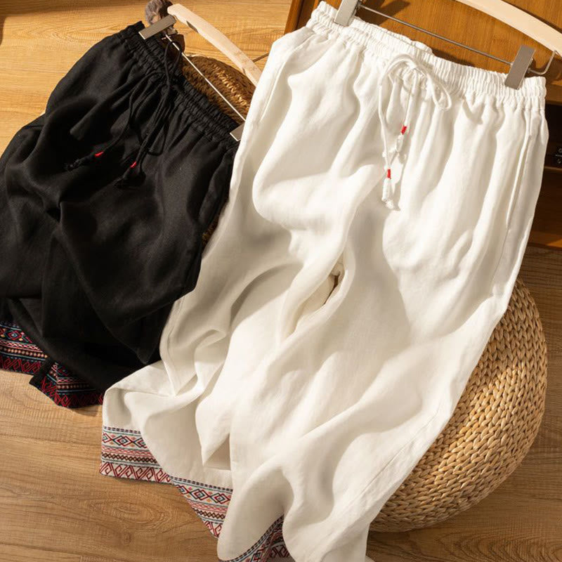 Buddha Stones, swobodny haft, wzór boho, ściągacz, bawełna, len, szerokie nogawki, damskie, spodnie z kieszeniami - image 17