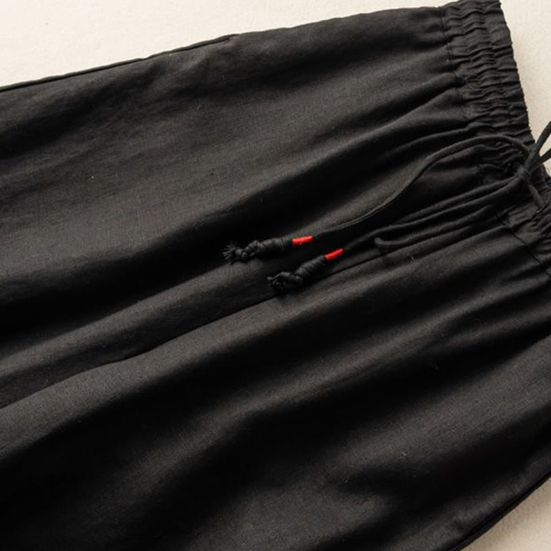 Buddha Stones, swobodny haft, wzór boho, ściągacz, bawełna, len, szerokie nogawki, damskie, spodnie z kieszeniami - image 9