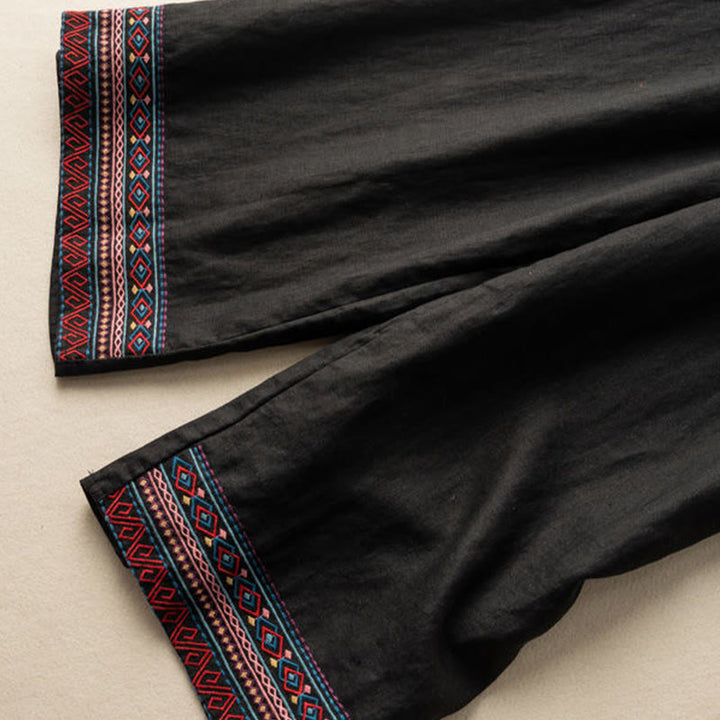 Buddha Stones, swobodny haft, wzór boho, ściągacz, bawełna, len, szerokie nogawki, damskie, spodnie z kieszeniami - image 10