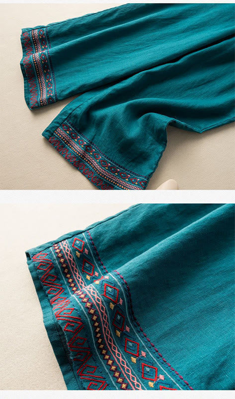 Buddha Stones, swobodny haft, wzór boho, ściągacz, bawełna, len, szerokie nogawki, damskie, spodnie z kieszeniami - image 7