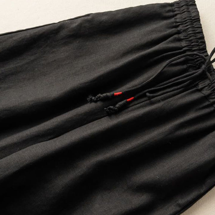 Buddha Stones, swobodny haft, wzór boho, ściągacz, bawełna, len, szerokie nogawki, damskie, spodnie z kieszeniami - image 9