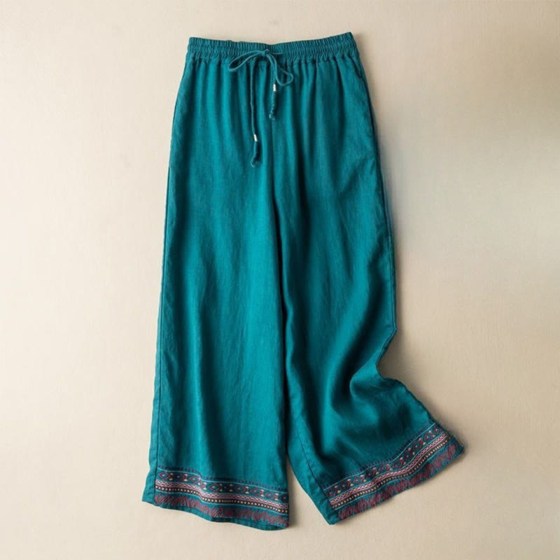 Spodnie damskie z szerokimi nogawkami i kieszeniami, haftowane, w stylu boho, z motywem Buddha Stones, ze ściągaczem i sznurkiem - LightSeaGreen - US12, UK/AU16, EU44 (XL) - image 5