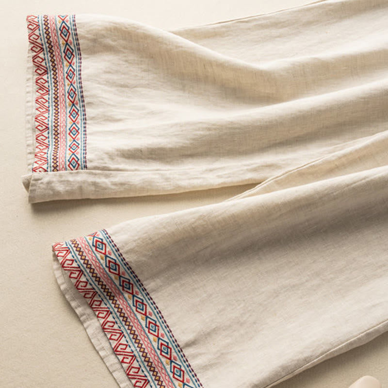 Buddha Stones, swobodny haft, wzór boho, ściągacz, bawełna, len, szerokie nogawki, damskie, spodnie z kieszeniami - image 4