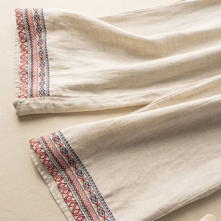 Buddha Stones, swobodny haft, wzór boho, ściągacz, bawełna, len, szerokie nogawki, damskie, spodnie z kieszeniami - image 4