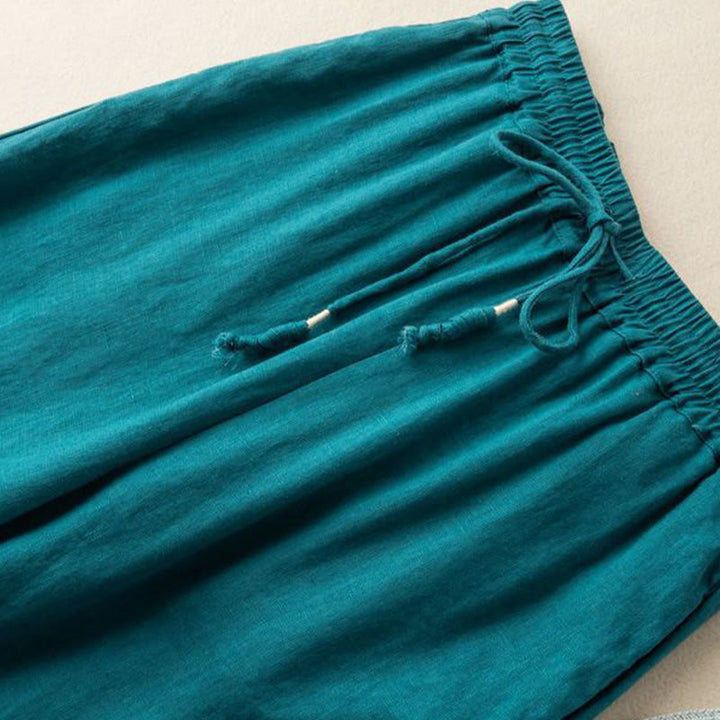 Buddha Stones, swobodny haft, wzór boho, ściągacz, bawełna, len, szerokie nogawki, damskie, spodnie z kieszeniami - image 6