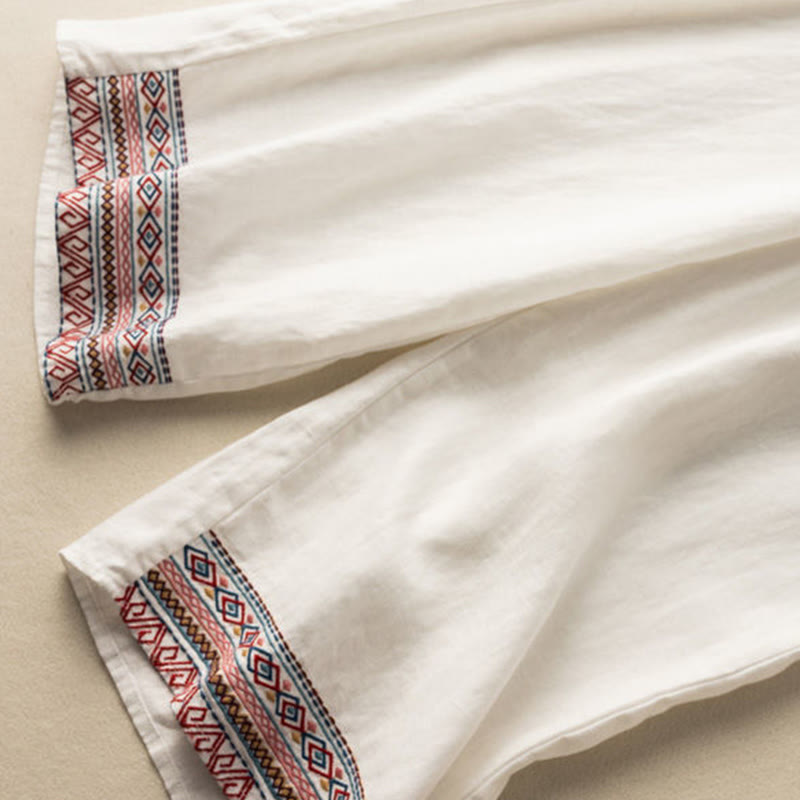 Buddha Stones, swobodny haft, wzór boho, ściągacz, bawełna, len, szerokie nogawki, damskie, spodnie z kieszeniami - image 14