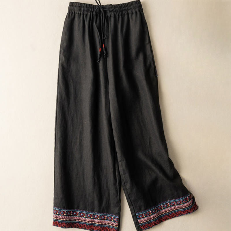 Spodnie damskie z szerokimi nogawkami i kieszeniami, haftowane, w stylu boho, z motywem Buddha Stones, ze ściągaczem i sznurkiem - Czarny - US12, UK/AU16, EU44 (XL) - image 8