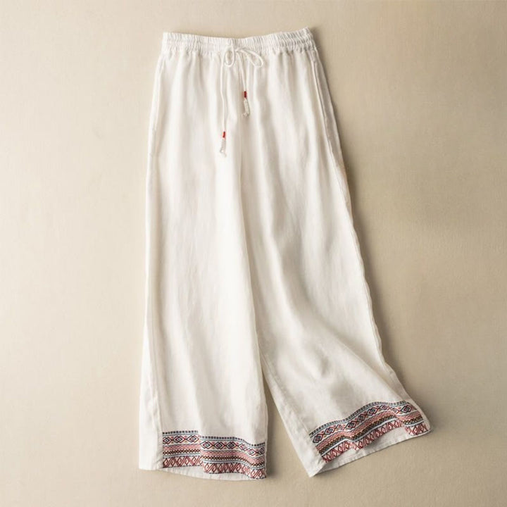 Spodnie damskie z szerokimi nogawkami i kieszeniami, haftowane, w stylu boho, z motywem Buddha Stones, ze ściągaczem i sznurkiem - OldLace - US12, UK/AU16, EU44 (XL) - image 12