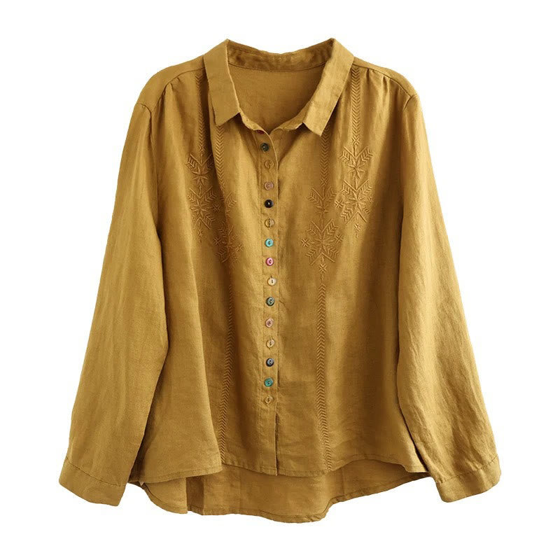 Koszula damska z długim rękawem i kolorowym haftem z Buddha Stones, bawełną i lnem