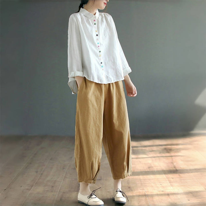 Koszula damska z długim rękawem i kolorowym haftem z Buddha Stones, bawełną i lnem