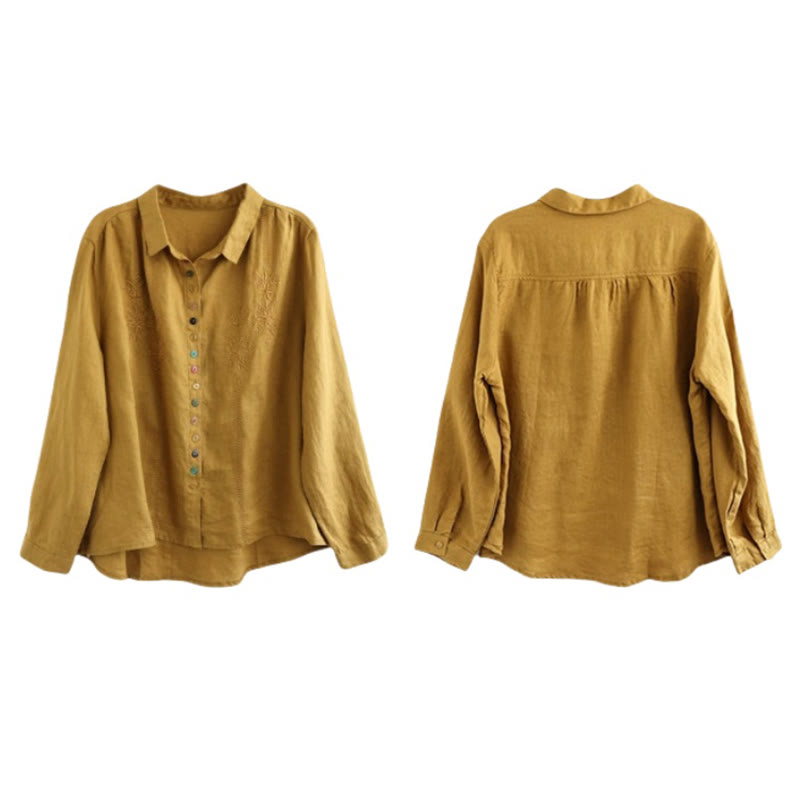 Koszula damska z długim rękawem i kolorowym haftem z Buddha Stones, bawełną i lnem