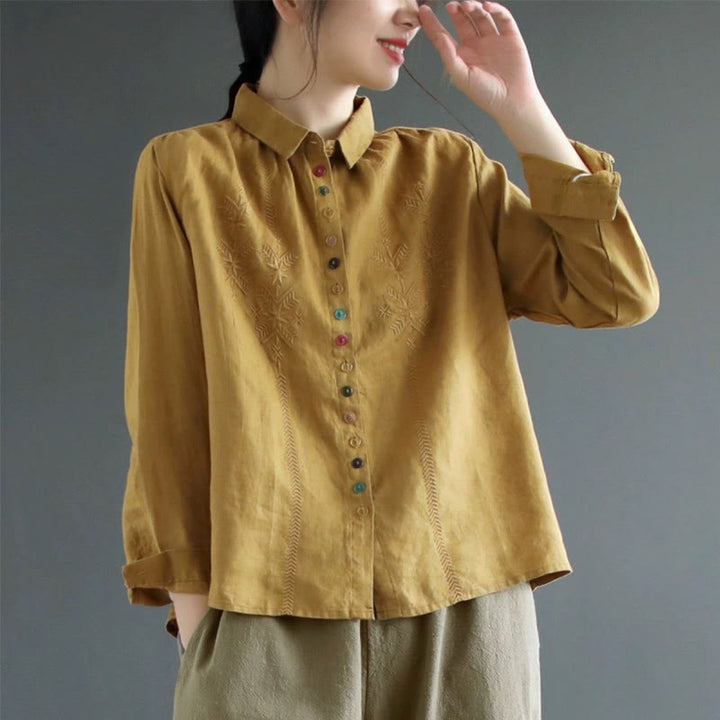 Koszula damska z długim rękawem i kolorowym guzikiem w kształcie Buddha Stones z haftem wiosennym - DarkGoldenrod - US12, UK/AU16, EU44 (2XL) - image 0
