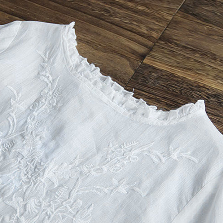 Buddha Stones Casual Haft Półbufiaste Rękawy Falbany Okrągły Dekolt Bawełna Len Damska Koszulka T-shirt - image 2