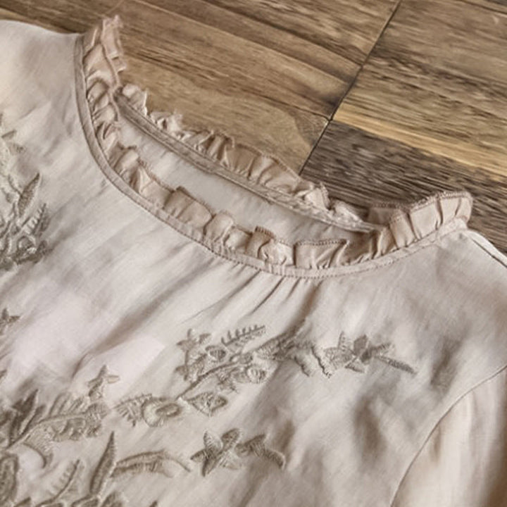 Buddha Stones Casual Haft Półbufiaste Rękawy Falbany Okrągły Dekolt Bawełna Len Damska Koszulka T-shirt - image 9