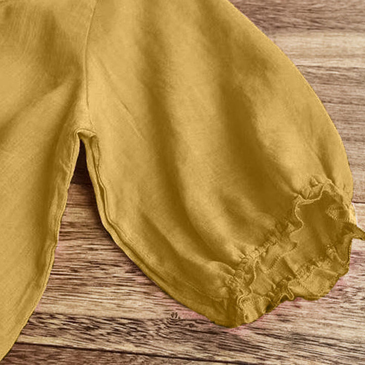 Buddha Stones Casual Haft Półbufiaste Rękawy Falbany Okrągły Dekolt Bawełna Len Damska Koszulka T-shirt - image 14