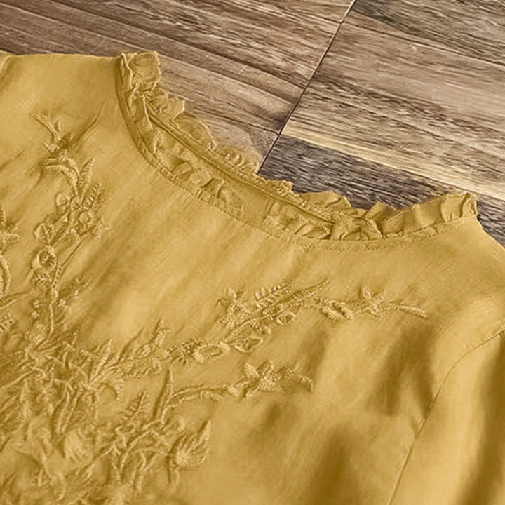 Buddha Stones Casual Haft Półbufiaste Rękawy Falbany Okrągły Dekolt Bawełna Len Damska Koszulka T-shirt - image 13