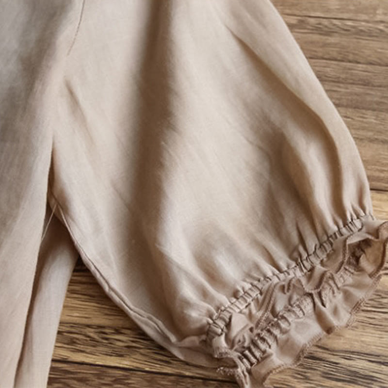 Buddha Stones Casual Haft Półbufiaste Rękawy Falbany Okrągły Dekolt Bawełna Len Damska Koszulka T-shirt - image 10