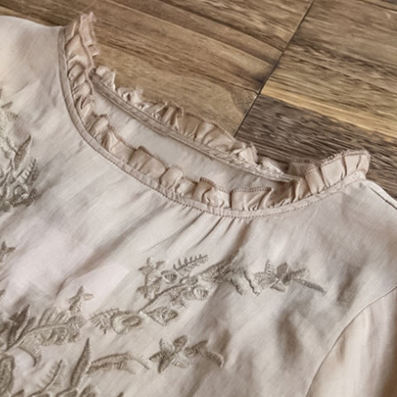 Buddha Stones Casual Haft Półbufiaste Rękawy Falbany Okrągły Dekolt Bawełna Len Damska Koszulka T-shirt - image 9