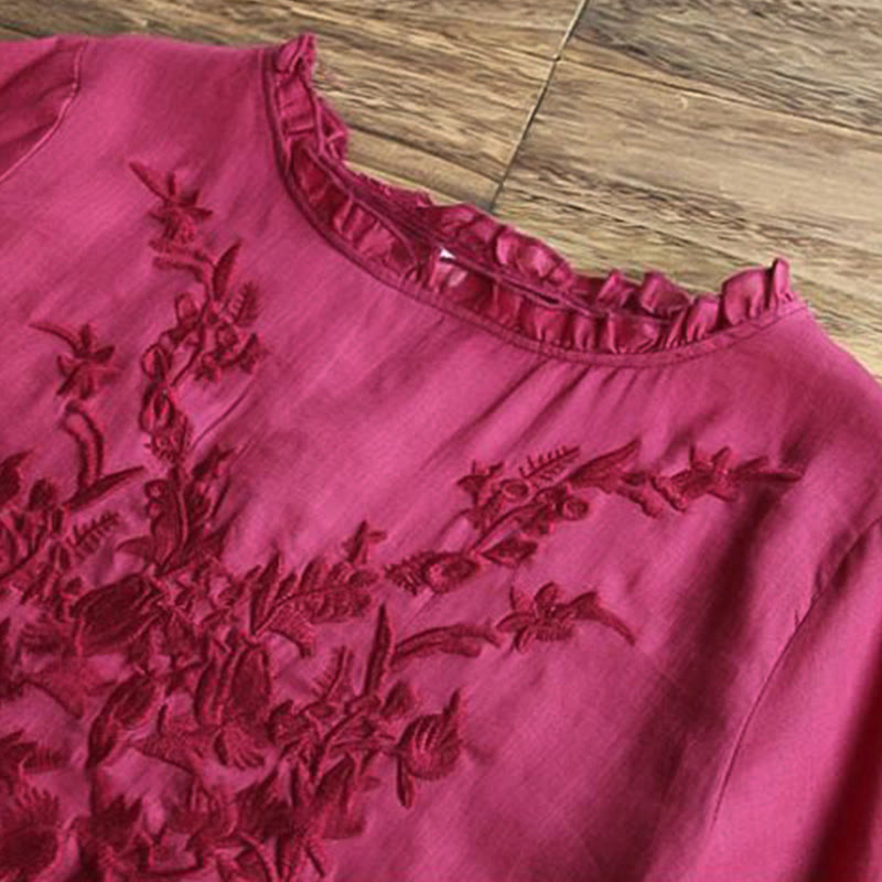 Buddha Stones Casual Haft Półbufiaste Rękawy Falbany Okrągły Dekolt Bawełna Len Damska Koszulka T-shirt - image 5