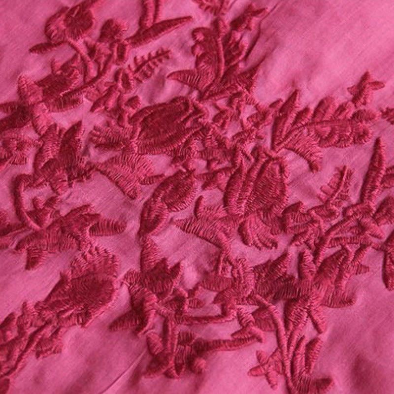 Buddha Stones Casual Haft Półbufiaste Rękawy Falbany Okrągły Dekolt Bawełna Len Damska Koszulka T-shirt - image 6