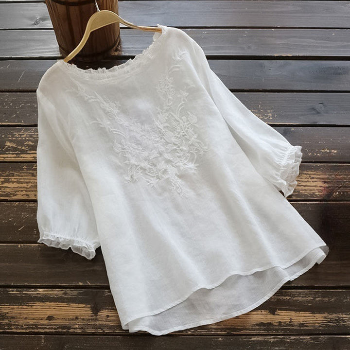 Buddha Stones Casual Haft Półbufiaste Rękawy Falbany Okrągły Dekolt Bawełna Len Damska Koszulka T-shirt - Śnieg - US14, UK/AU18, EU46 (4XL) - image 1