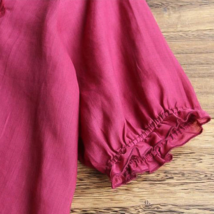 Buddha Stones Casual Haft Półbufiaste Rękawy Falbany Okrągły Dekolt Bawełna Len Damska Koszulka T-shirt - image 7