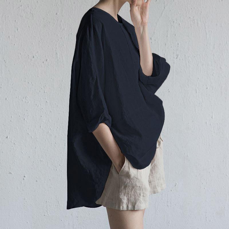 Damska koszulka T-shirt z krótkim rękawem i okrągłym dekoltem z rozcięciem z boku, z motywem Buddha Stones, letnia, swobodna, prosta - Marynarka wojenna - US20, UK/AU24, EU52 (5XL) - image 6