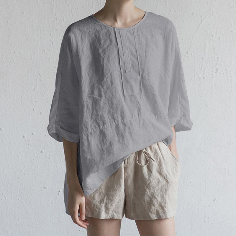 Damska koszulka T-shirt z krótkim rękawem i okrągłym dekoltem z rozcięciem z boku, z motywem Buddha Stones, letnia, swobodna, prosta - Srebrny - US20, UK/AU24, EU52 (5XL) - image 4