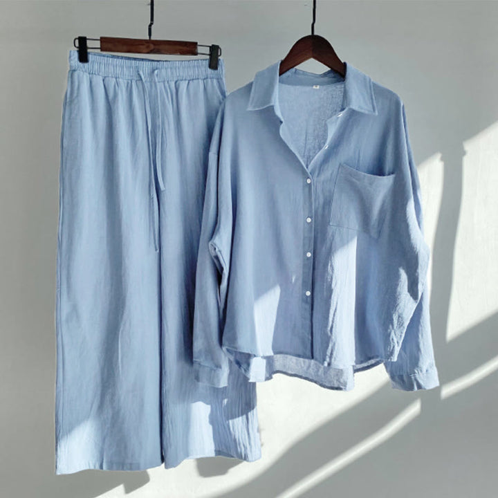 Buddha Stones 2 szt. Koszula z długim rękawem z kieszeniami Spodnie ze ściągaczem Medytacja Bawełna Lniana Odzież Damska Zestaw - LightSteelBlue - US20, UK/AU24, EU52 (5XL) - image 24