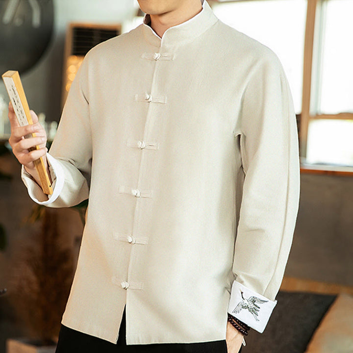 Koszula męska z długim rękawem z bawełny Buddha Stones Tang Suit z żabą i guzikami Crane - image 12