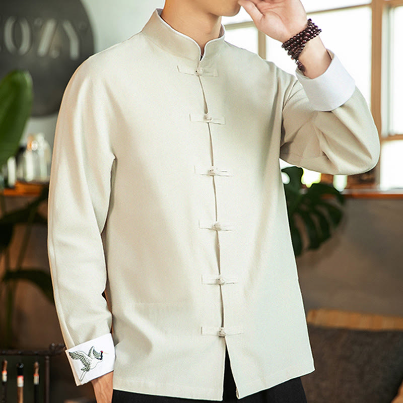 Koszula męska z długim rękawem z bawełny Buddha Stones Tang Suit z żabą i guzikami Crane - image 11