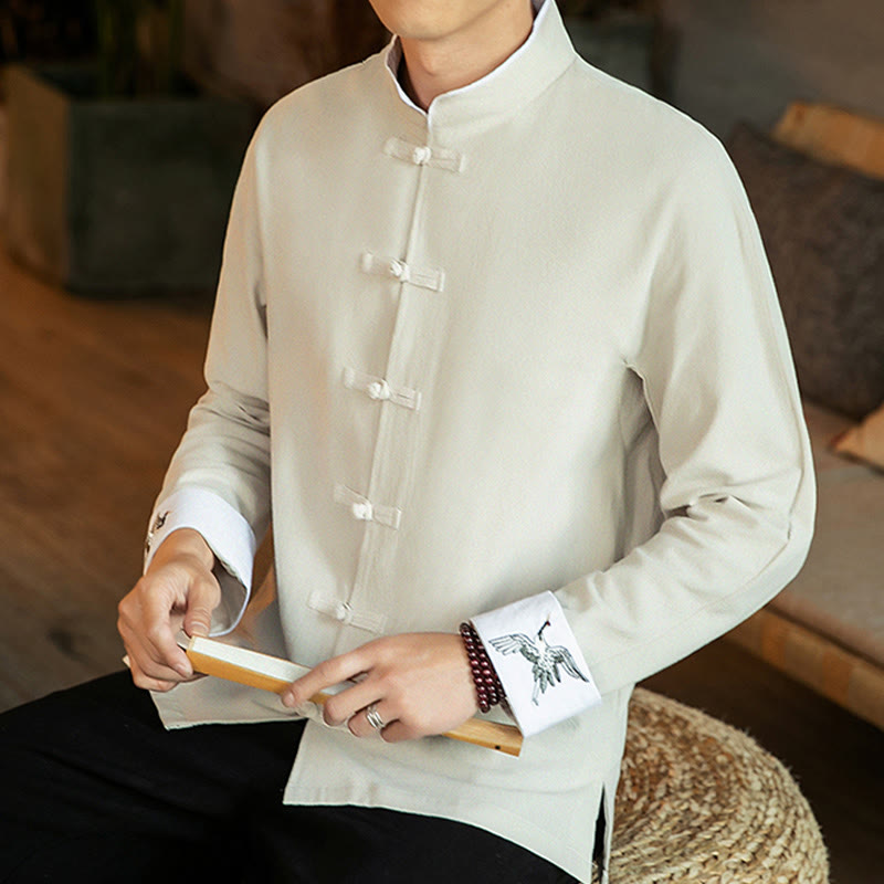 Koszula męska z długim rękawem z bawełny Buddha Stones Tang Suit z żabą i guzikami Crane - image 13