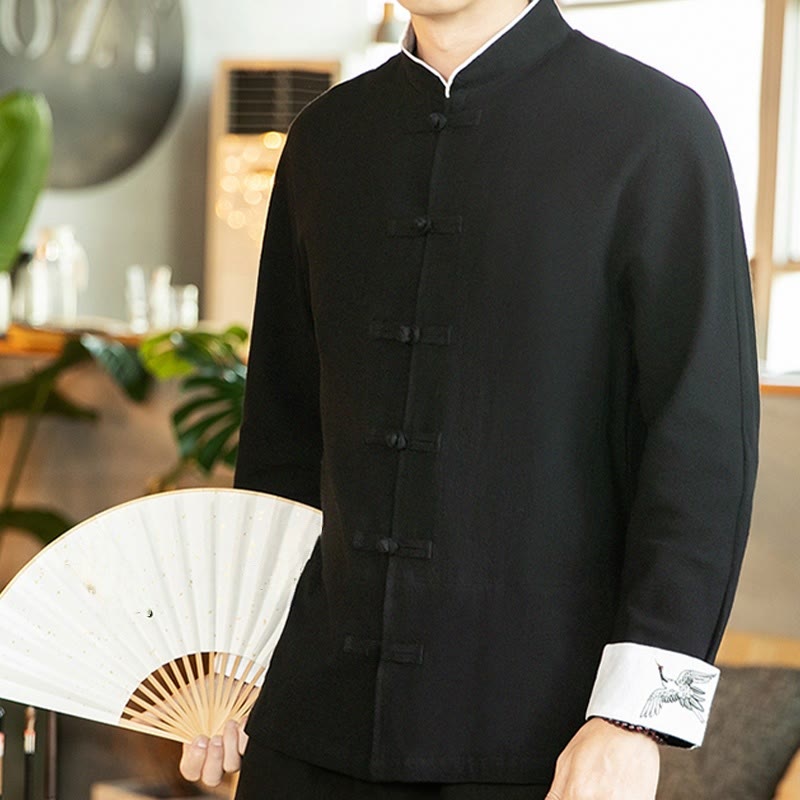 Koszula męska z długim rękawem z bawełny Buddha Stones Tang Suit z żabą i guzikami Crane - image 22