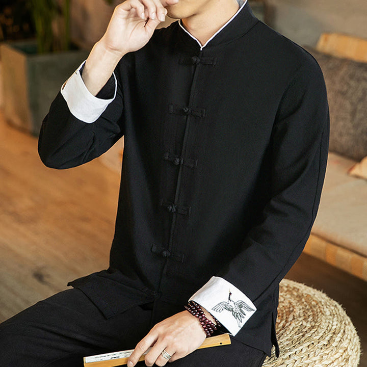 Koszula męska z długim rękawem z bawełny Buddha Stones Tang Suit z żabą i guzikami Crane - image 23