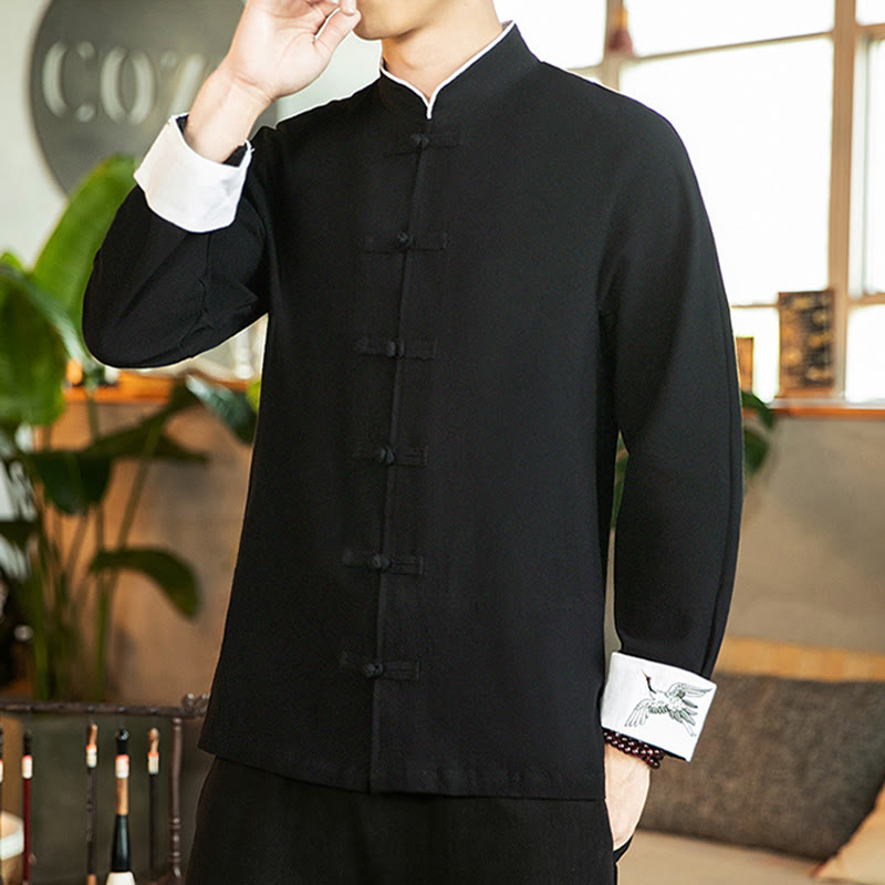 Koszula męska z długim rękawem z bawełny Buddha Stones Tang Suit z żabą i guzikami Crane - image 17