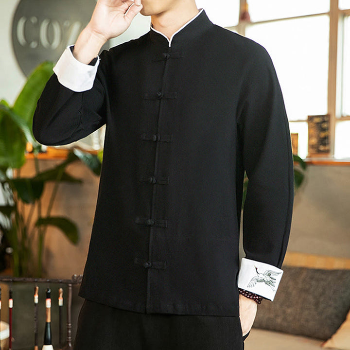 Koszula męska z długim rękawem z bawełny Buddha Stones Tang Suit z żabą i guzikami Crane - image 17