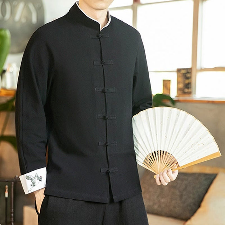 Koszula męska z długim rękawem z bawełny Buddha Stones Tang Suit z żabą i guzikami Crane - image 20